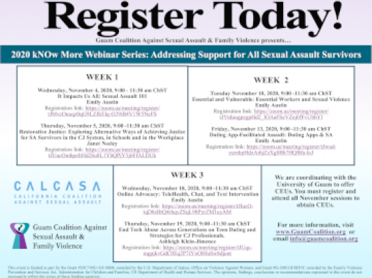 2020 kNOw More Webinar Series: Addressing Support for All Sexual Assault Survivors - Nov 4, 5, 10, 13, 18, & 19, 2020